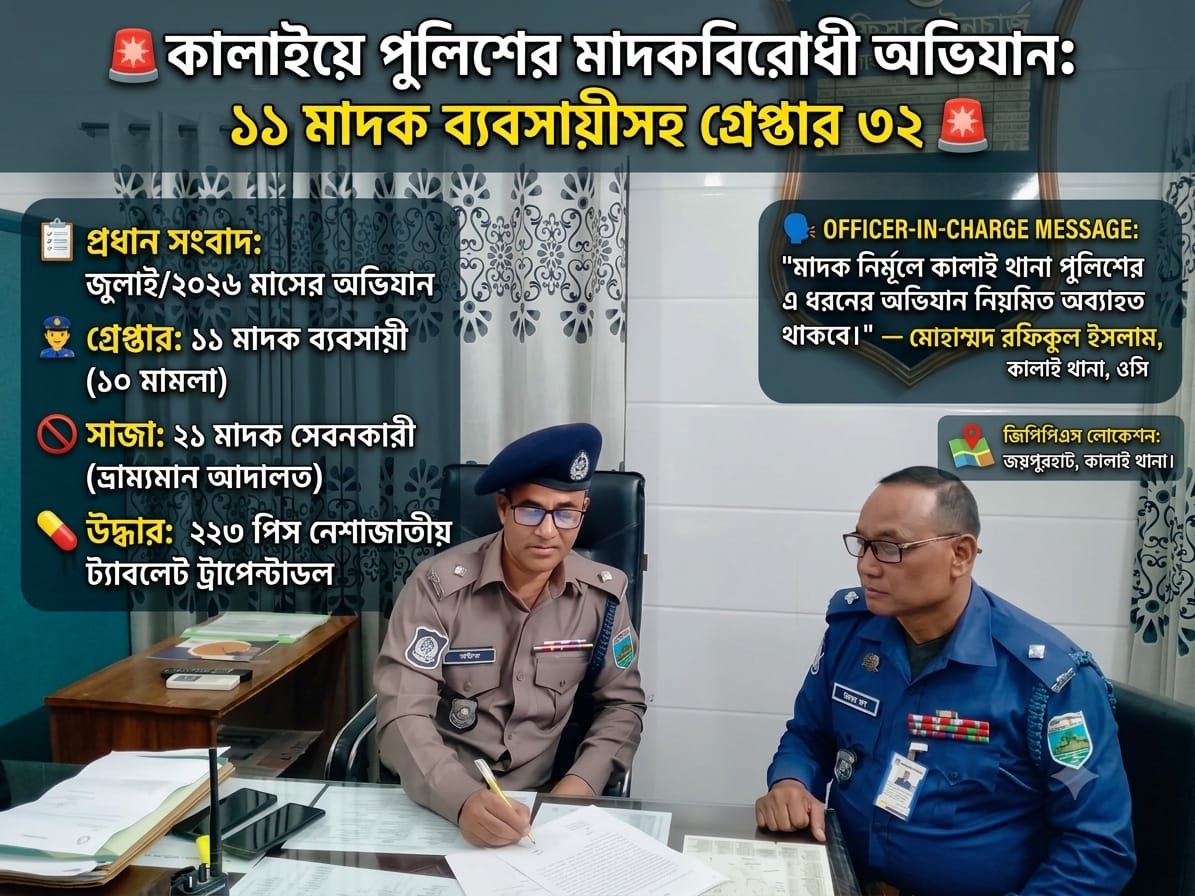কালাইয়ে পুলিশের মাদকবিরোধী অভিযান: ১১ মাদক ব্যবসায়ীসহ গ্রেপ্তার ৩২