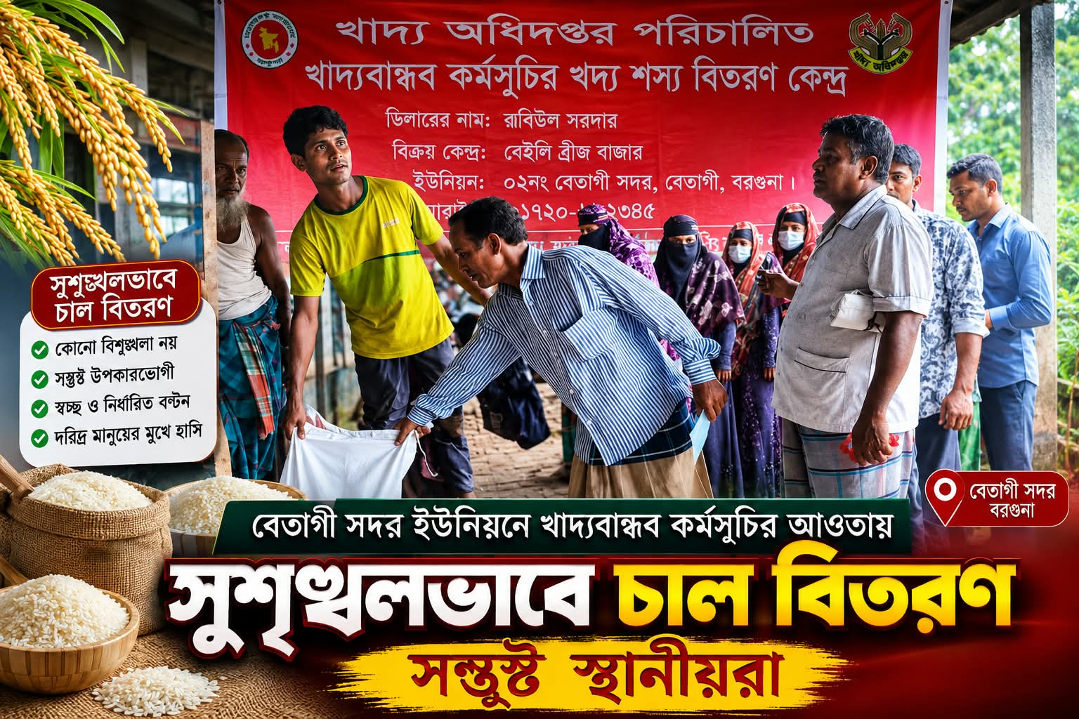 বেতাগীতে খাদ্যবান্ধব কর্মসূচির চাল বিতরণে শৃঙ্খলা ও সন্তুষ্ট উপকারভোগীরা